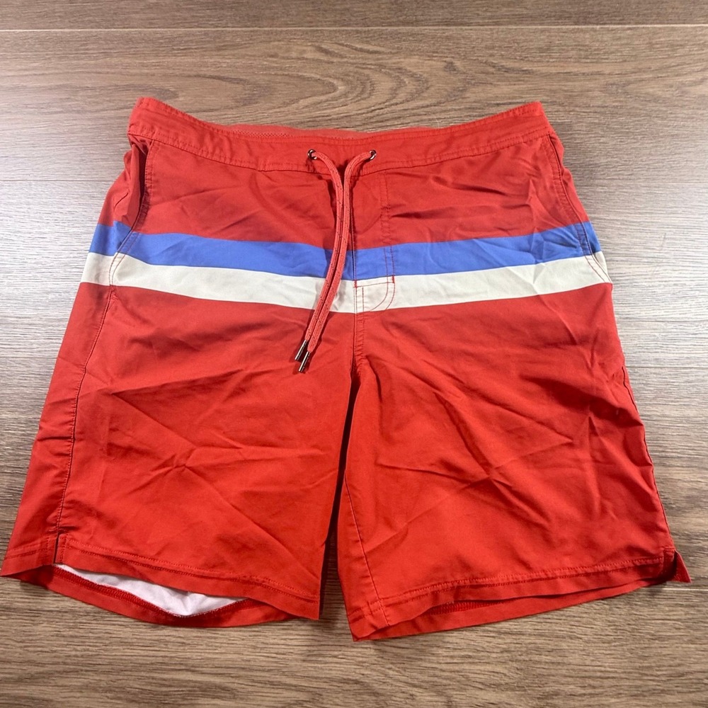 Fair Harbor Mens Red Striped Board Shorts Swim Trunks Size L Boxer Brief Liner